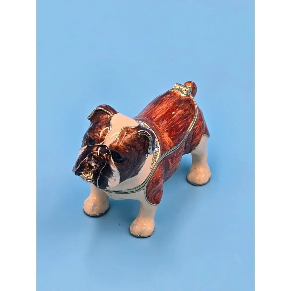 Vintage ENGLISH BULLDOG Jeweled Hinged Trinket Jewelry Mini Box Magnetic